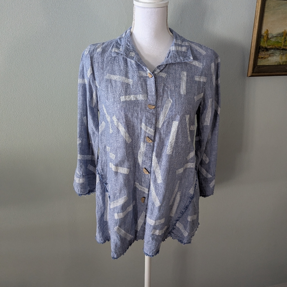 John Mark Women's Small Dashed Pattern 100% Linen Chambray Top Blue White 113